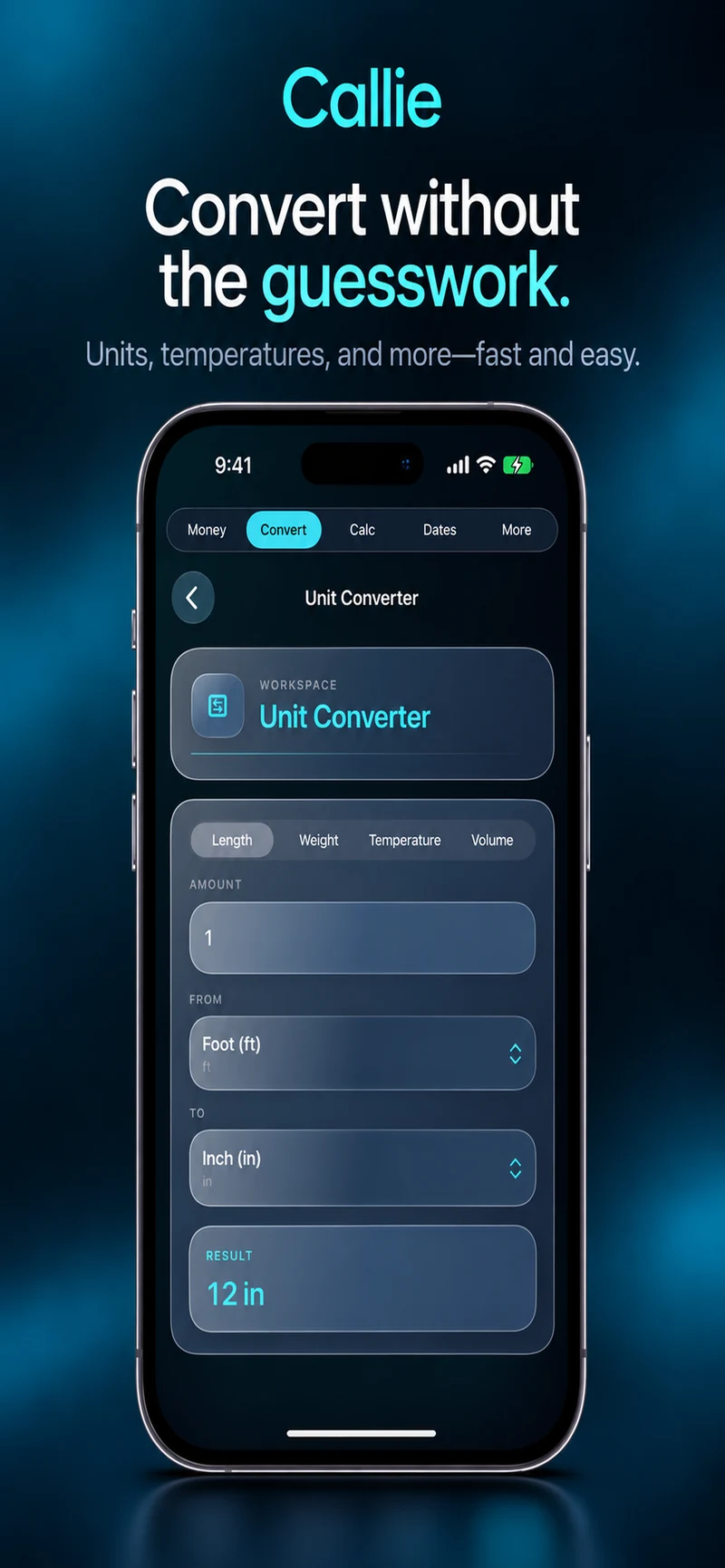 Callie Unit Converter on iPhone, showing one foot converted to twelve inches.