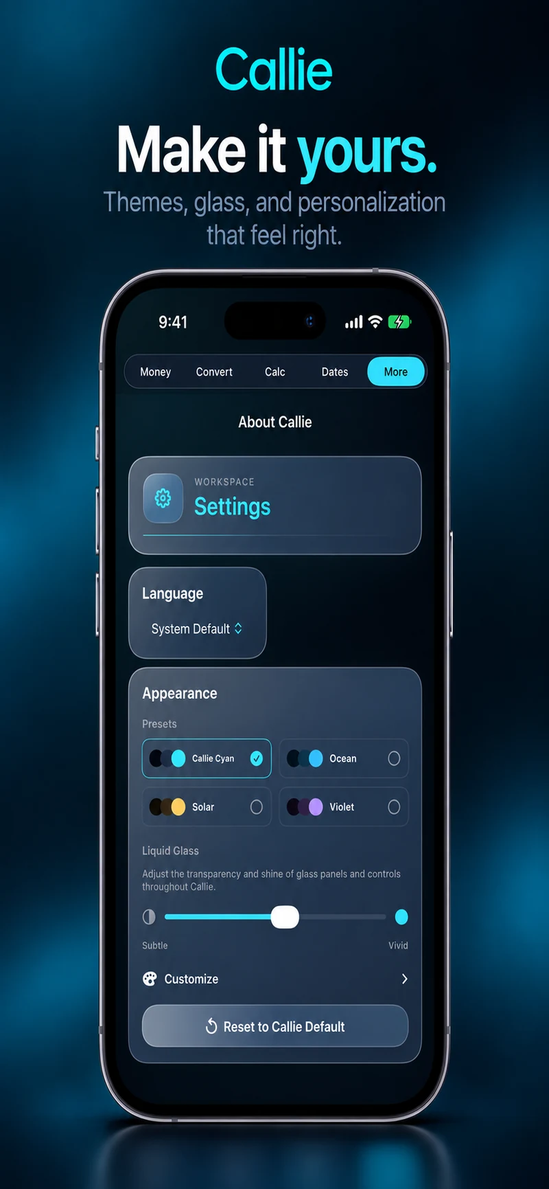 Callie appearance settings on iPhone, with color presets and a Liquid Glass intensity control.