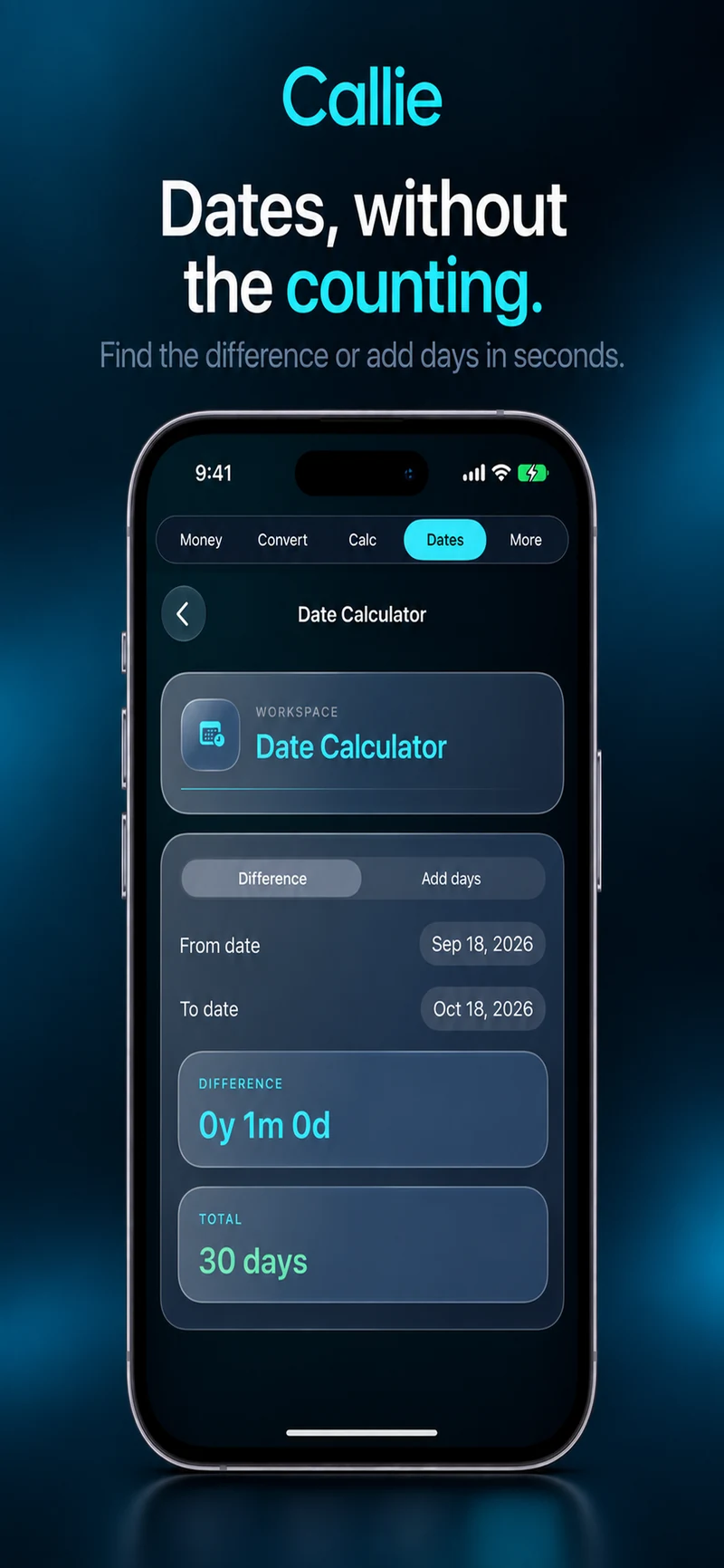 Callie Date Calculator on iPhone, showing a thirty-day difference between two selected dates.
