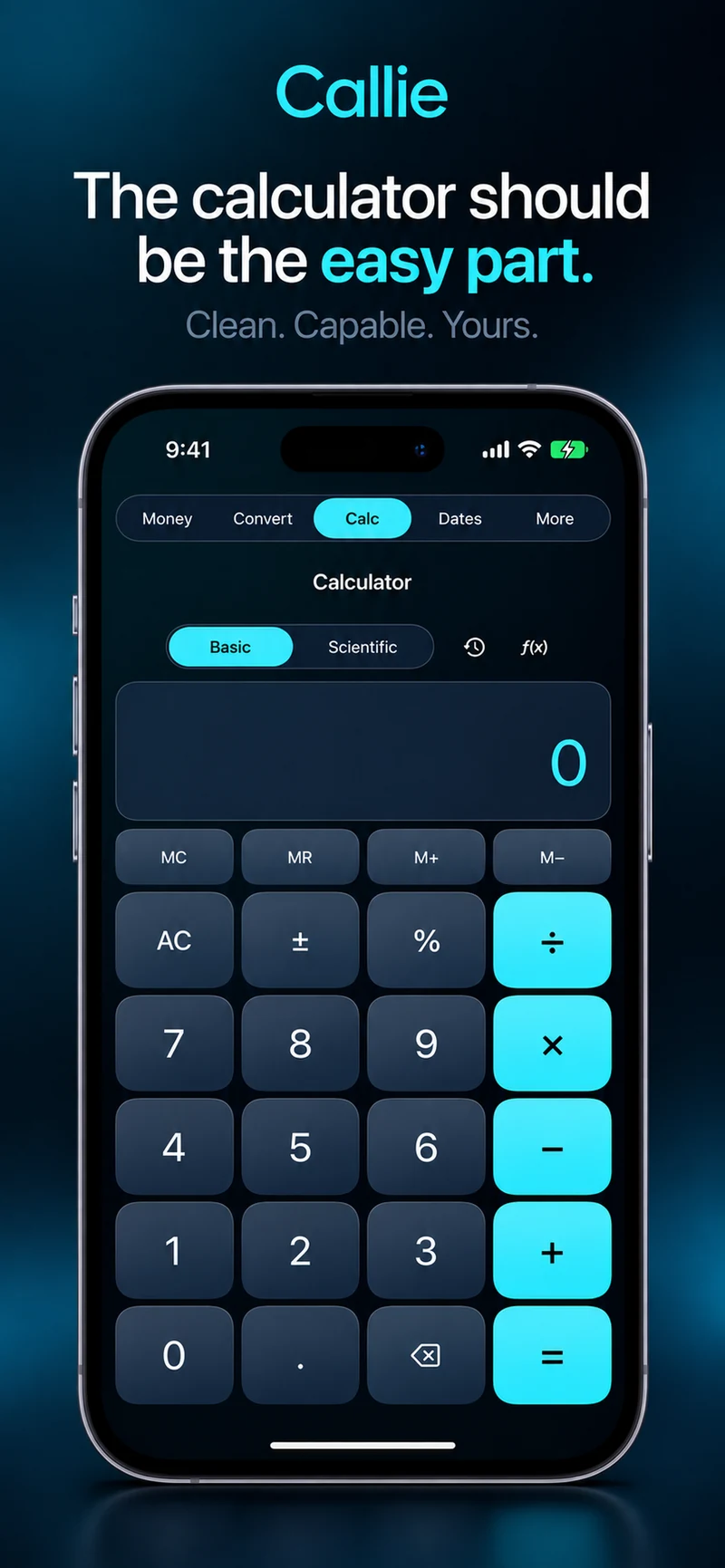 Callie Basic calculator on iPhone, with calculation history, memory controls, and cyan arithmetic keys.