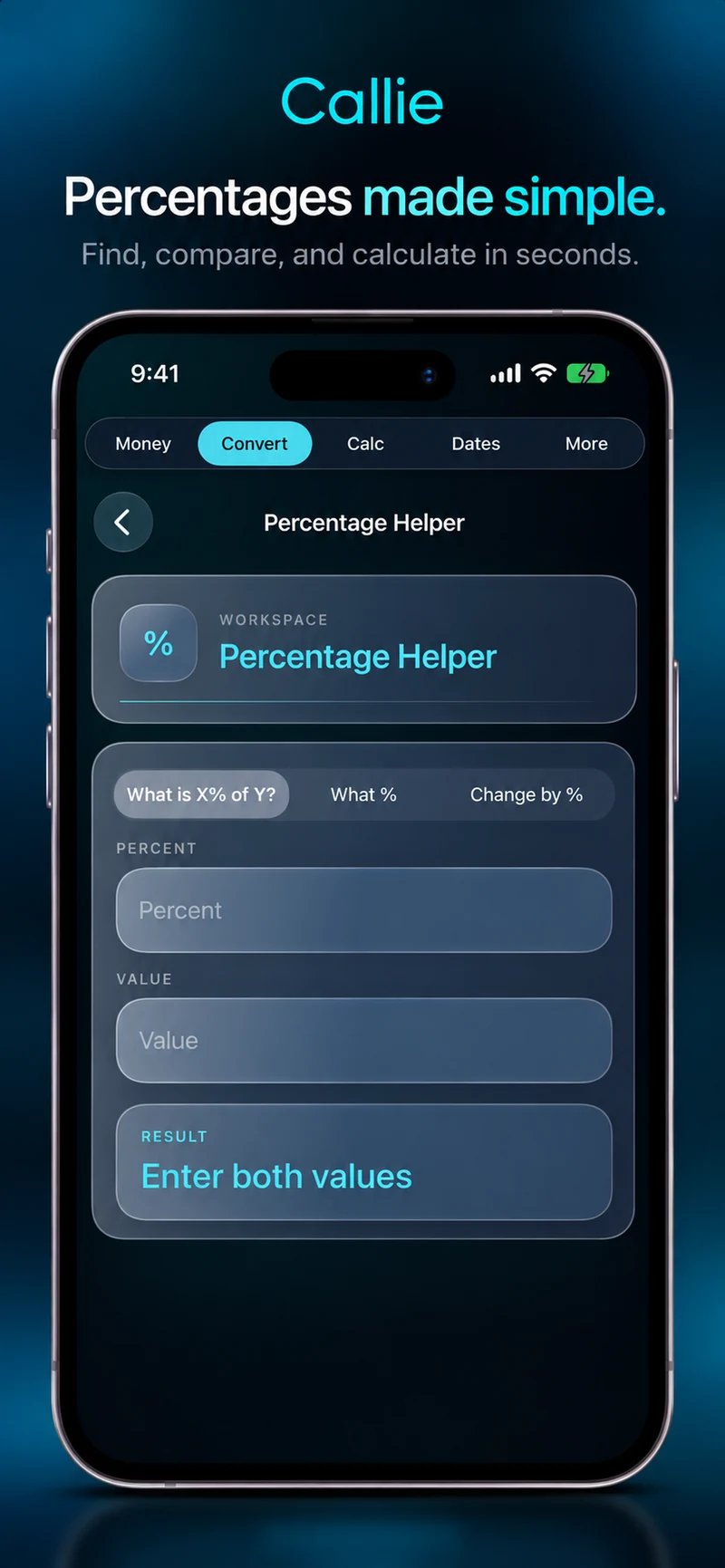 Callie Percentage Helper on iPhone, with percent-of, what-percent, and change-by-percent modes.
