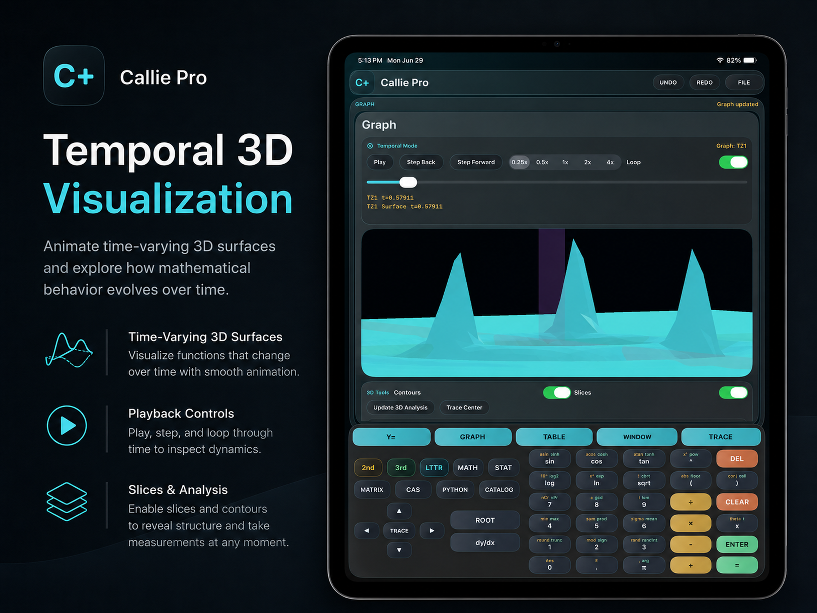 Callie Pro Temporal Mode showing an interactive time-varying 3D surface on iPad