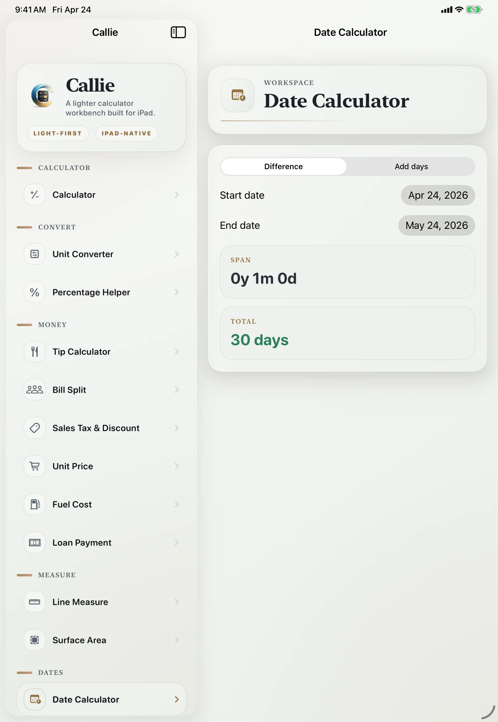 Callie date calculator screen for day counts and date ranges