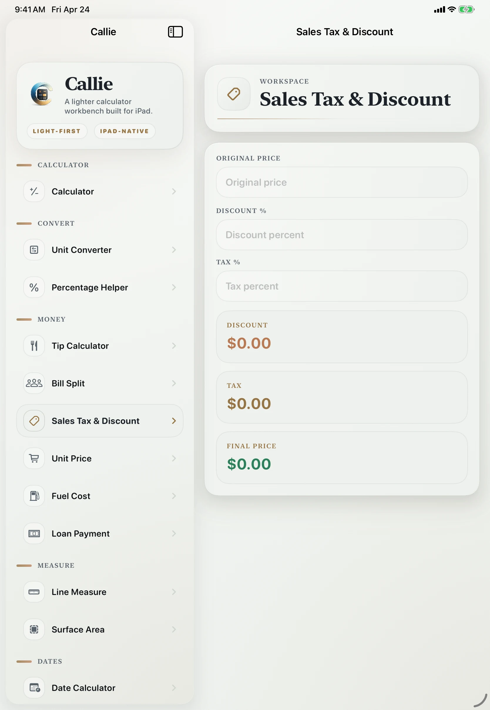 Callie discount and sales tax calculator screen