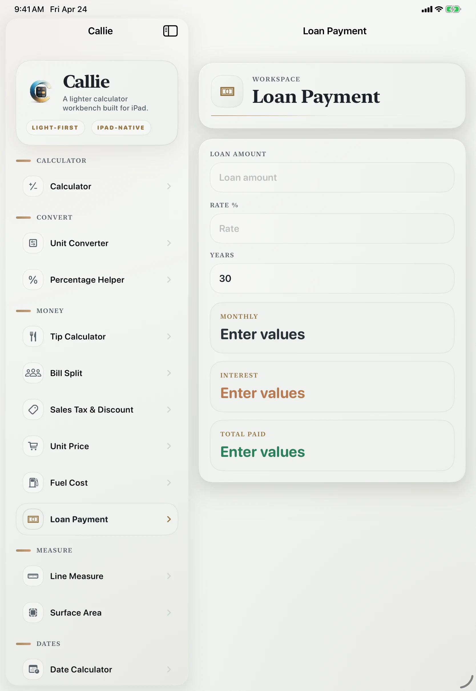 Callie loan payment screen for monthly payment estimates
