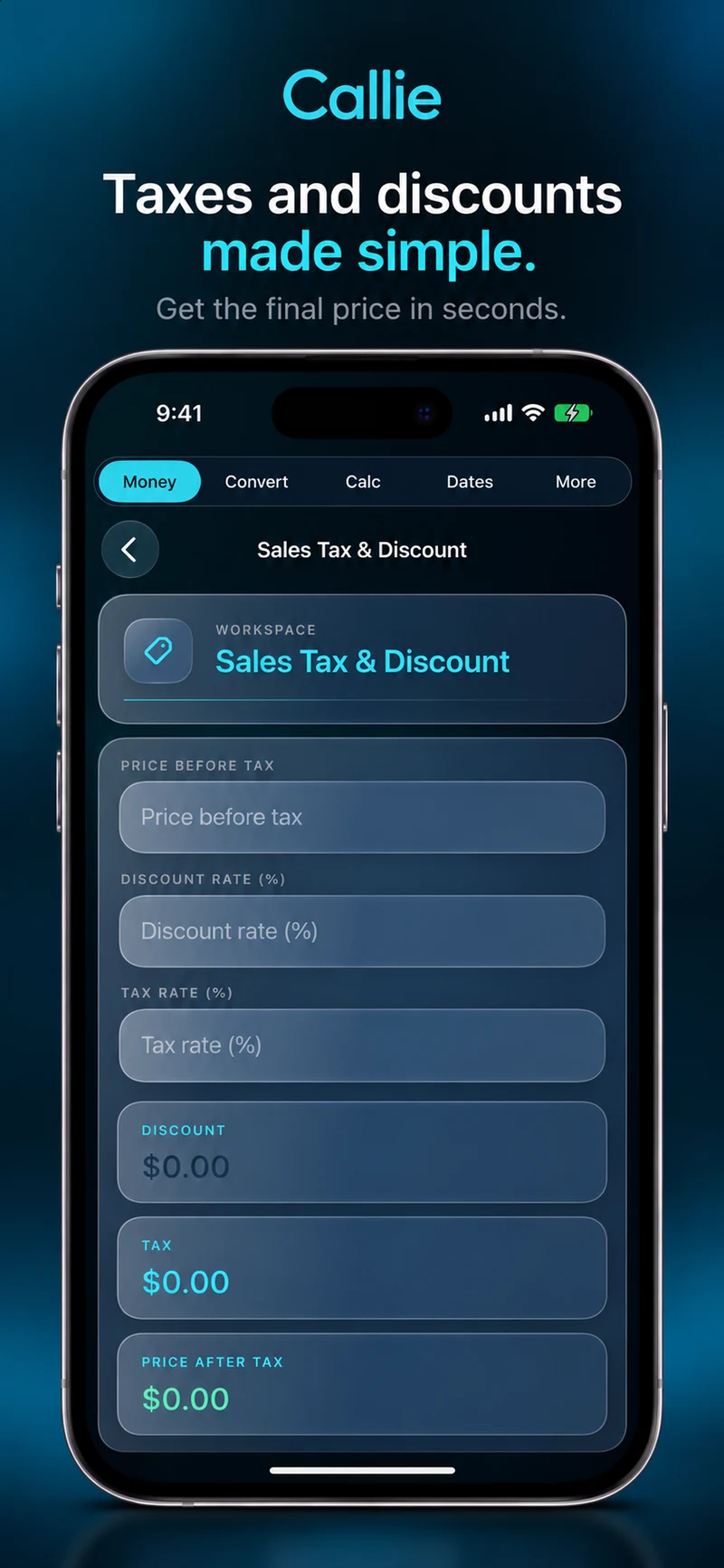 Callie Sales Tax & Discount on iPhone, with price, discount rate, tax rate, and final-price outputs.