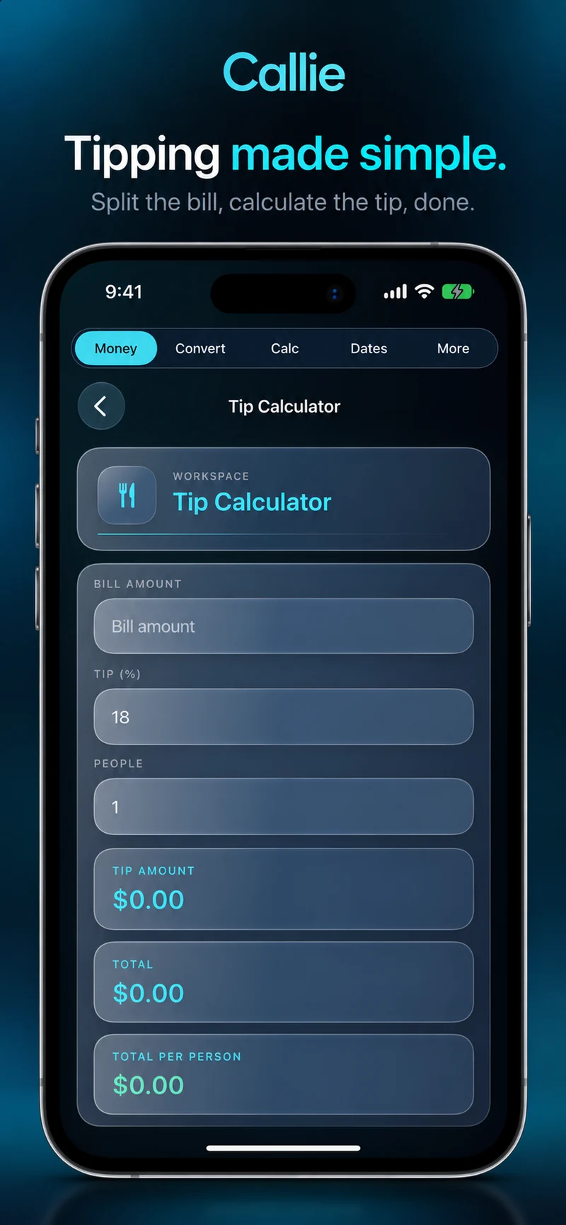 Callie Tip Calculator on iPhone, showing bill amount, tip percentage, people, and per-person total.