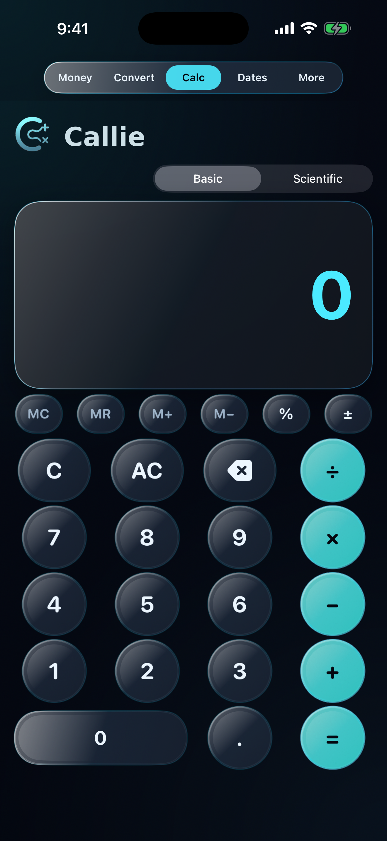 Callie calculator screen showing a clean dark glass calculator workspace.
