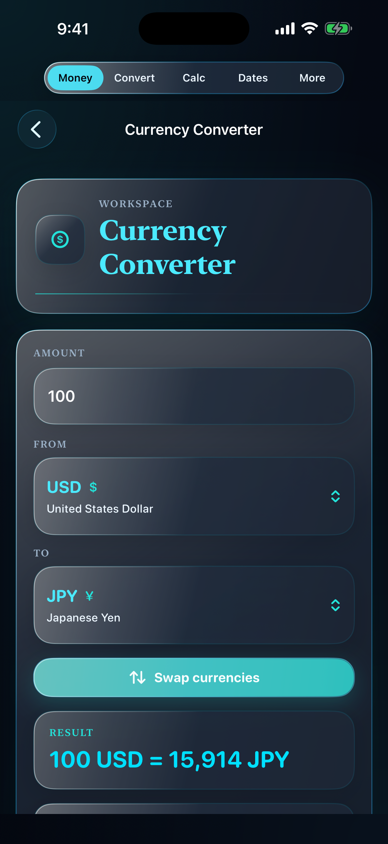 Callie currency converter screen with USD to JPY conversion and common currency shortcuts.