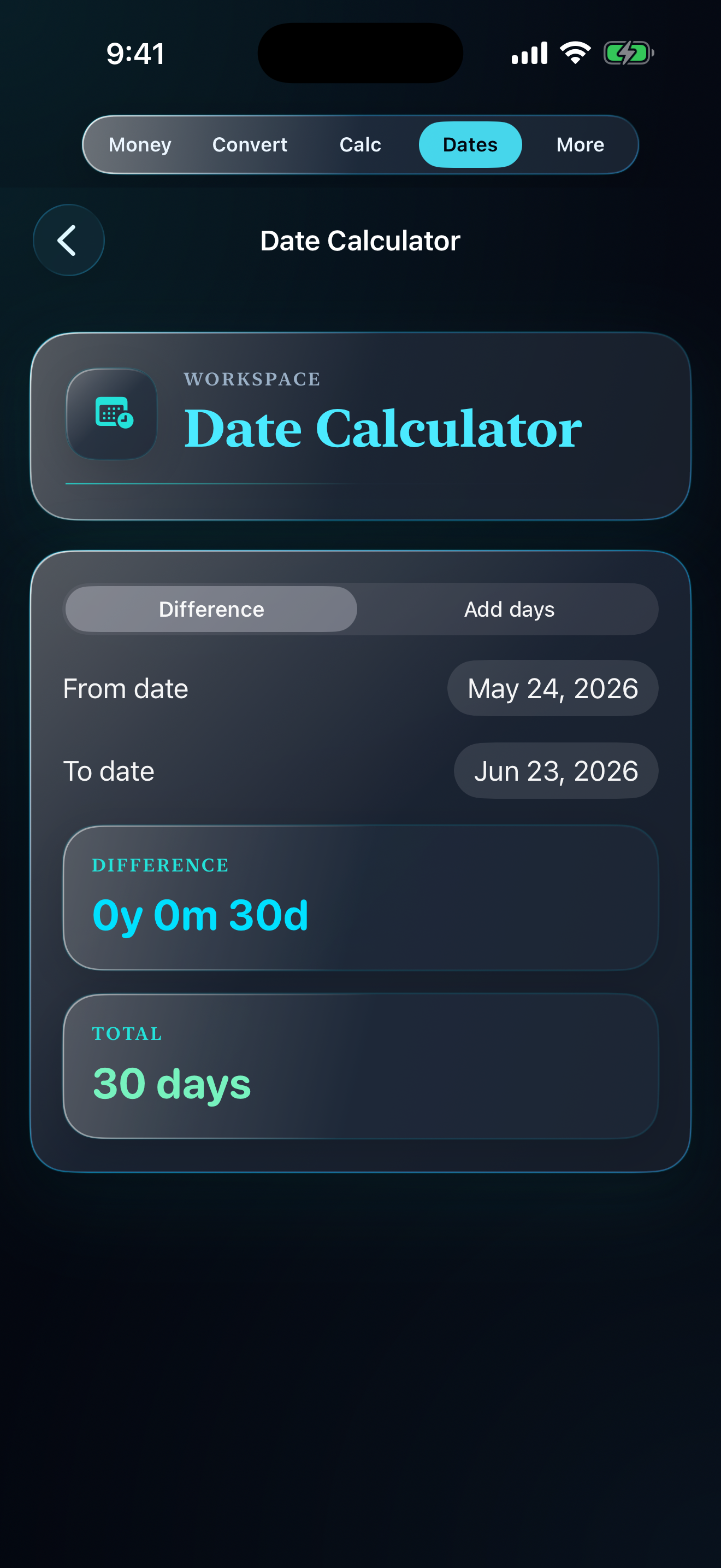 Callie date calculator screen showing a 30 day difference between two dates.