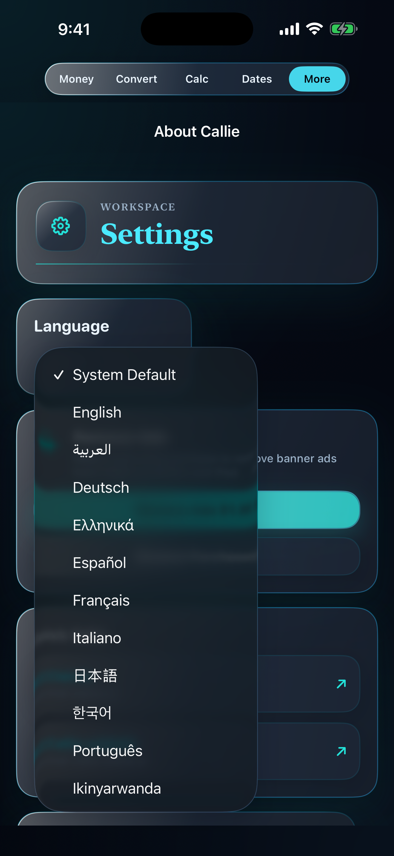 Callie settings screen showing the language picker and expanded language support.