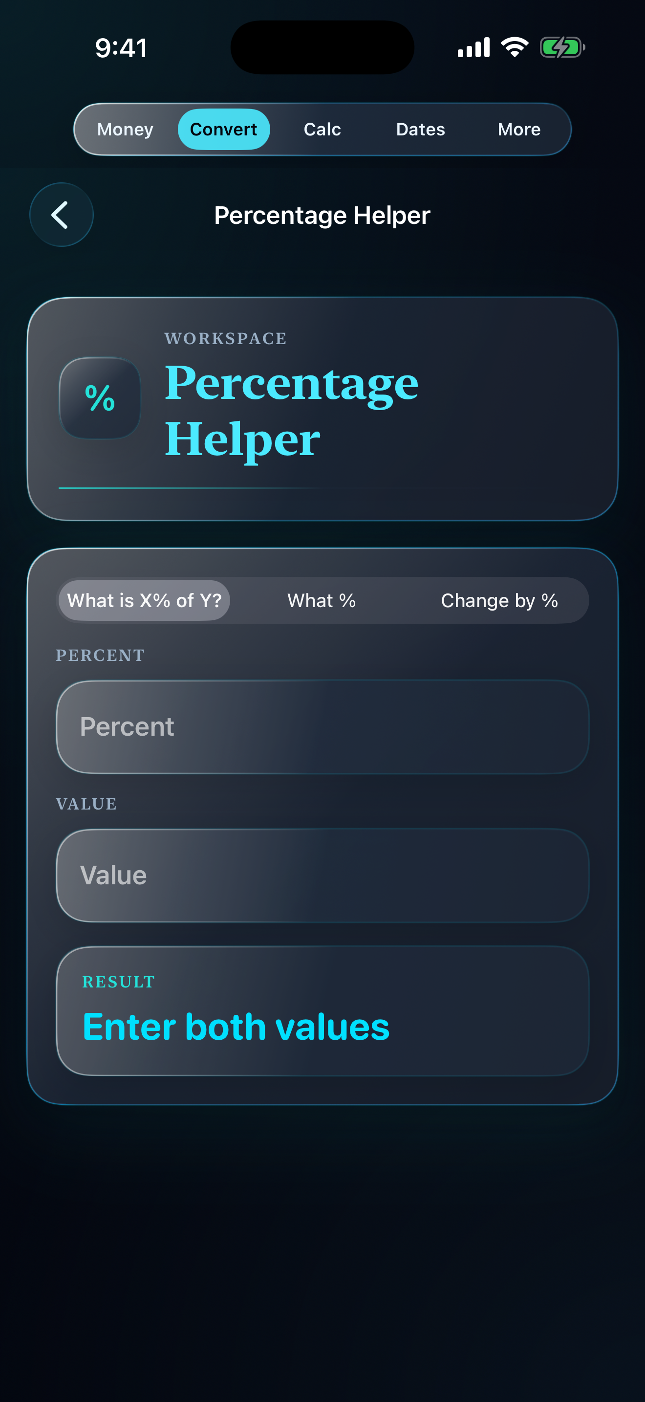 Callie percentage helper screen with percent-of, what-percent, and percentage-change tools.