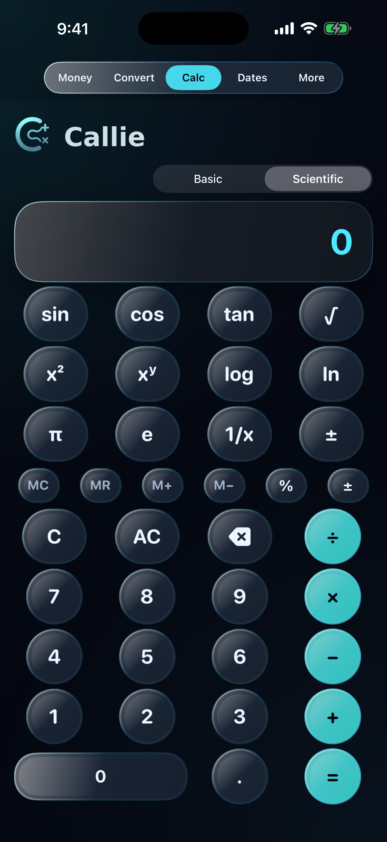 Callie scientific calculator screen with trigonometry, logs, exponents, roots, and constants.