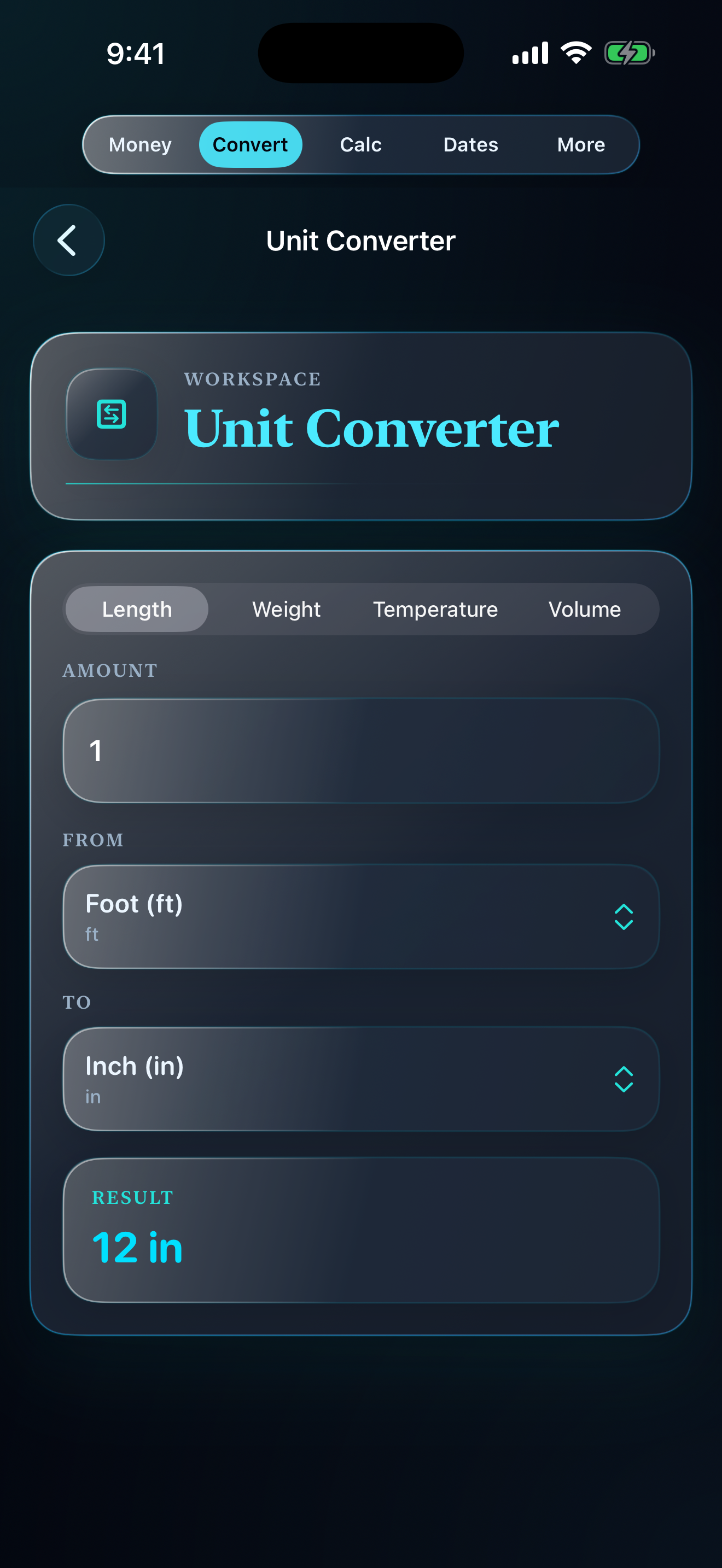 Callie unit converter screen converting feet to inches.