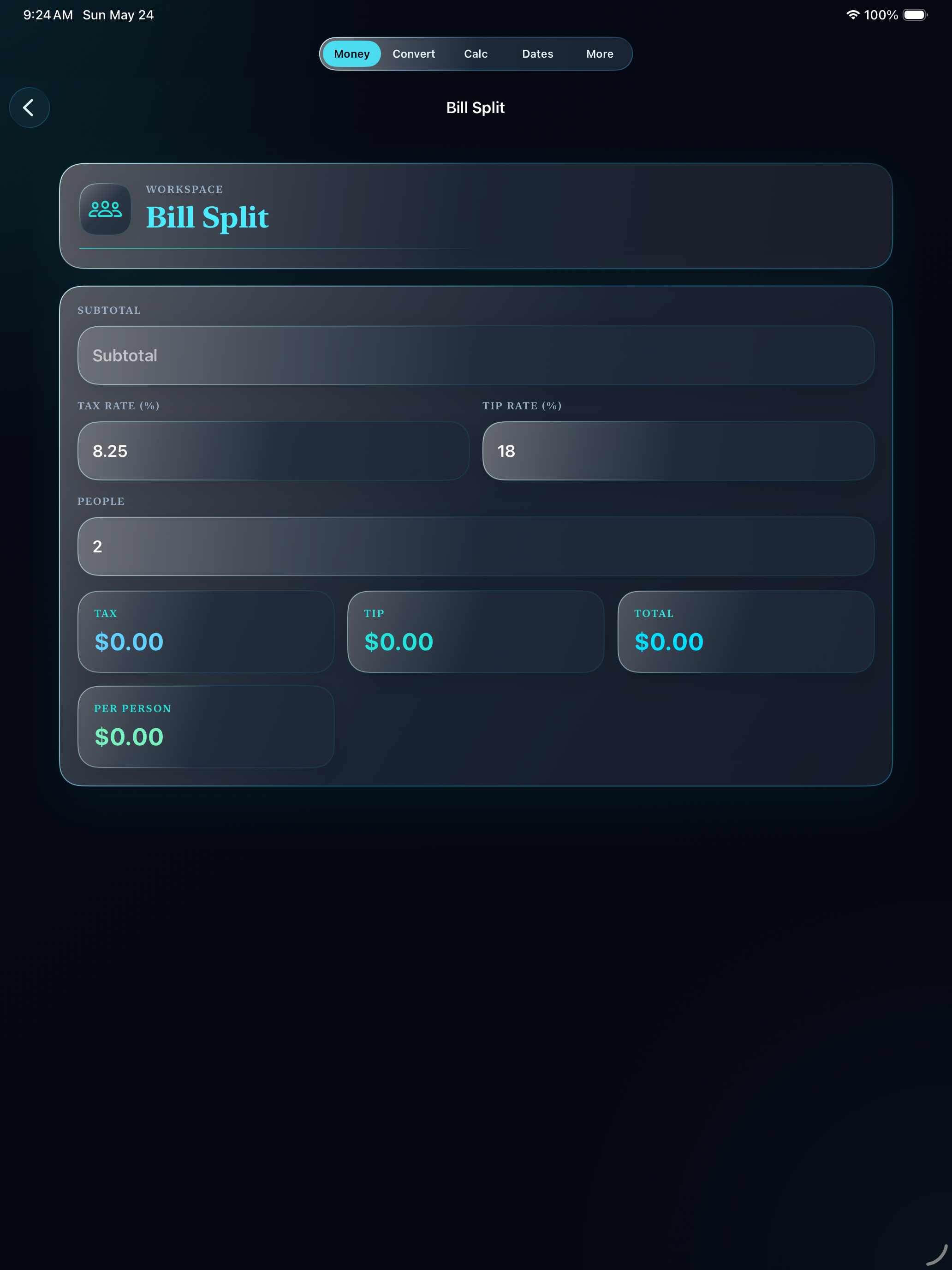 Callie iPad bill split screen showing subtotal, tax, tip, and per-person totals.